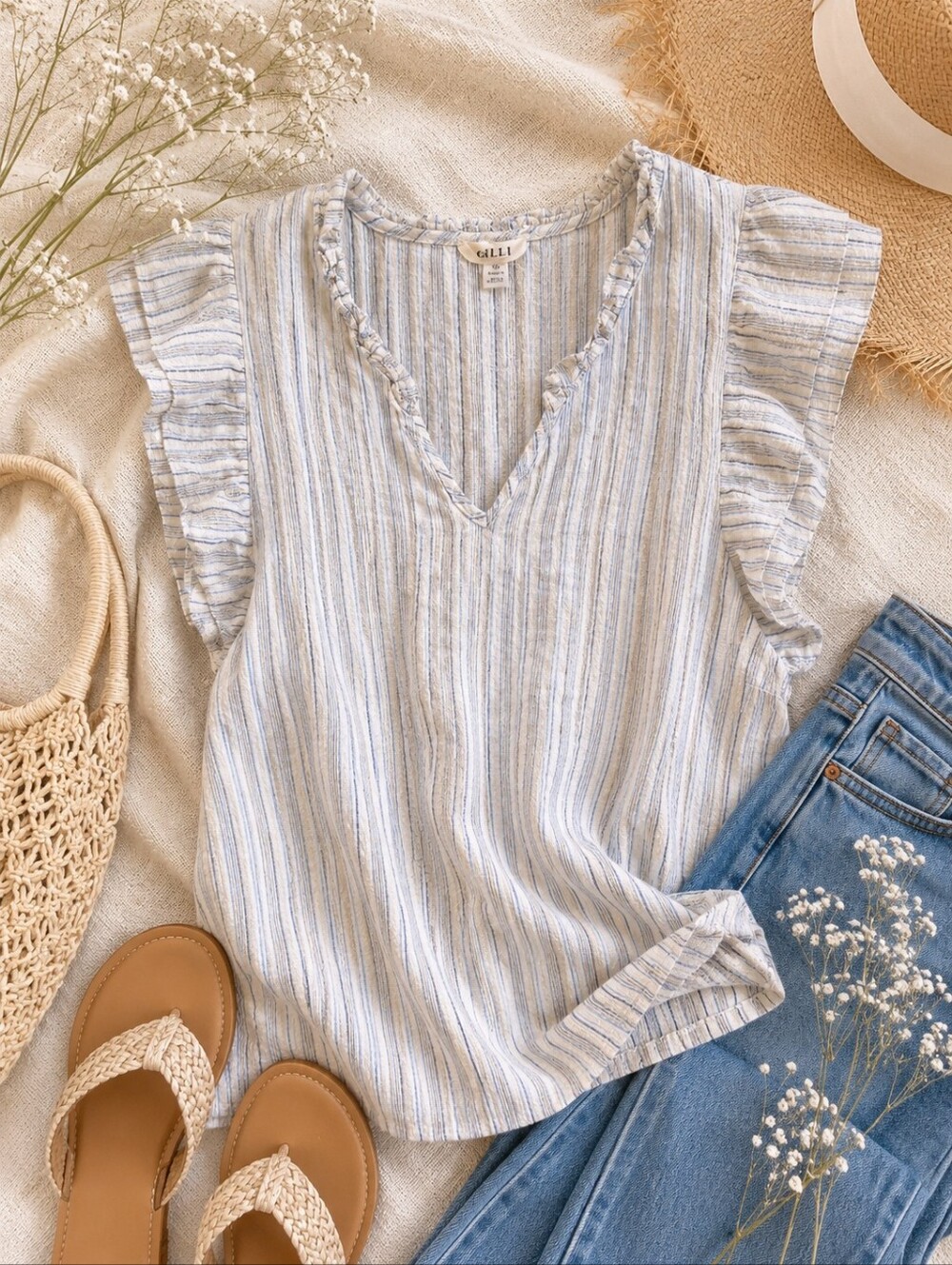 Gilli Blue and White Striped V-Neck Ruffle Sleeve Top